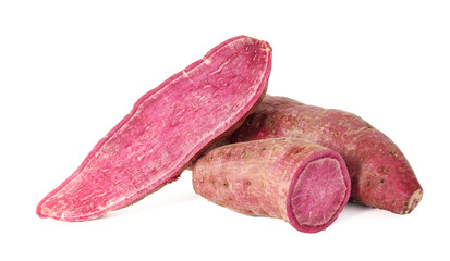 Purple sweet potato and half purple sweet potato on white background