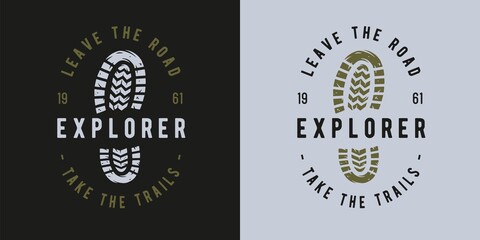 Camping footprint for travel print. Sole, footprints of human shoes, shoe sole, footstep, people foot steps for hiking and expedition of traveler and tourist. Graphic design for trip adventure
