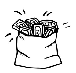 Vector illustration of a bag with money. paper money. hand drawing. scribbles. on a white background