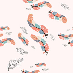 Beautiful doodle seamless pattern of boho feathers on a pink background. Hand drawn style. Seamless texture.