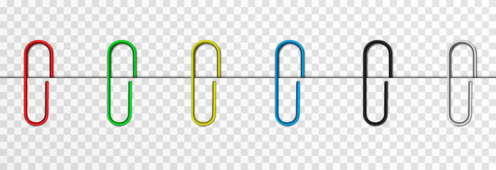 Set of vector paper clips on isolated transparent background. Attached paper clip. Metal paper clip png.