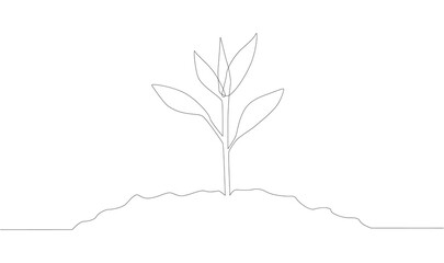 Single continuous line art growing sprout. Plant leaves seed grow soil seedling eco natural farm concept design one sketch outline drawing.
