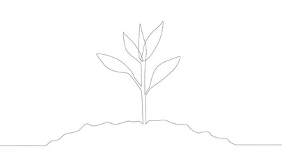 Obraz premium Single continuous line art growing sprout. Plant leaves seed grow soil seedling eco natural farm concept design one sketch outline drawing.