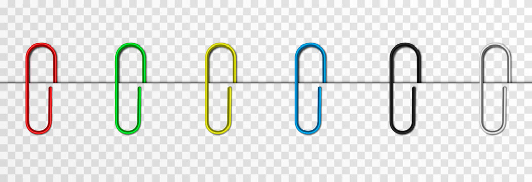 Realistic metal paper clips on paper sheets set. Office or school  stationery vector illustration. Simple steel device for binding documents  together. Mockup template of paper clip attachment Stock Vector