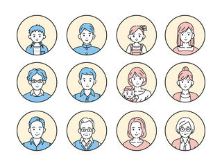 人々　老若男女　家族　アイコン　セット　円形　イラスト素材