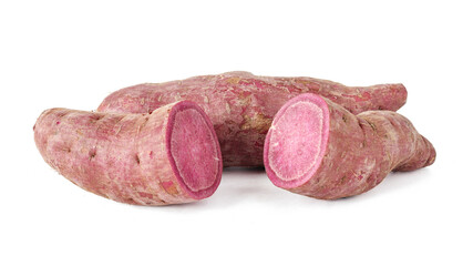 Purple sweet potato and half purple sweet potato on white background