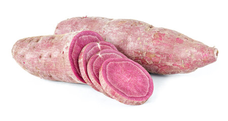 purple sweet potato and purple sweet potato sliced on white background