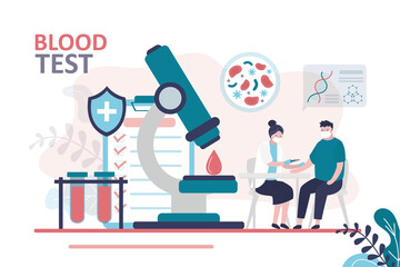 Large microscope with plasma sample for research. Male character donates blood for analysis