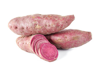 Purple sweet potato and half purple sweet potato on white background