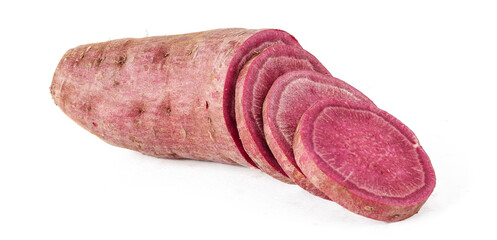 purple sweet potato and purple sweet potato sliced on white background