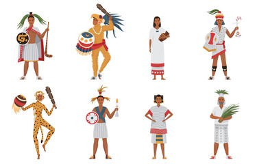 Aztec tribe people of ancient civilization set vector illustration. Cartoon man woman characters in traditional clothes and headgear holding weapon or ritual objects collection isolated on white