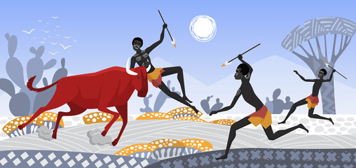 African people hunt wild animals in abstract geometric landscape of Africa vector illustration. Cartoon group of man tribal warrior hunter characters hunting with spears in hands background