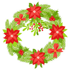 Christmas wreath of holly with red berries. Green leaf. New Year holiday celebration in December