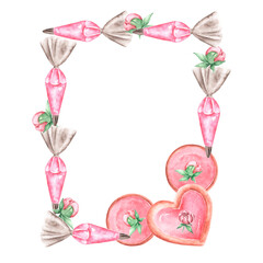 Painted cookies watercolor frame (border). Glaze, flowers, cookies. Baking, cookbook. Pink, gray, green colors. The frame is isolated. For printing on postcards, stickers, logos.