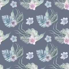 Tropical seamless pattern on a blue background. Tropical leaves and flowers. Jungle. Printing on fabric.