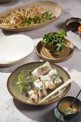 Several spring rolls with chicken, carrot and bamboo sprouts in rice paper on green plate, sesame sauce and coriander on concrete surface