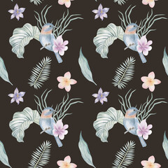 Tropical background on a white background. Tropical leaves and flowers. Jungle. Printing on fabric.