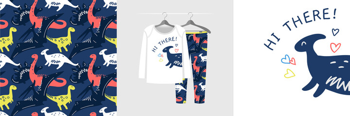 Seamless pattern and illustration set for a kid with dinosaurs, text Hi there