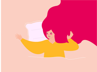 Girl wakes up in the morning and feels happy and good . Woman getting up and stretch in the bed. Stress free, body mental health, positive vibes and relaxation freedom concept. Vector illustration