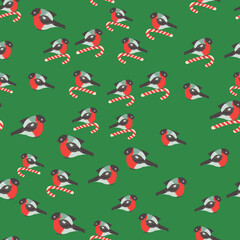 Seamless pattern for Christmas with cane lollipop and bullfinch bird. Winter holiday