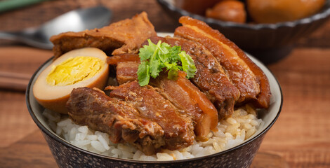 Braised pork belly over cooked rice, famous and delicious street food in Taiwan.