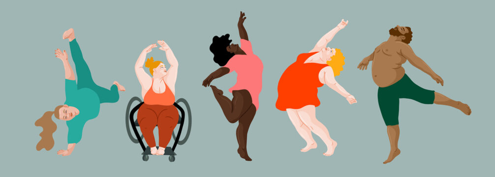 A group of different bodied and abled people dancing expressively. 