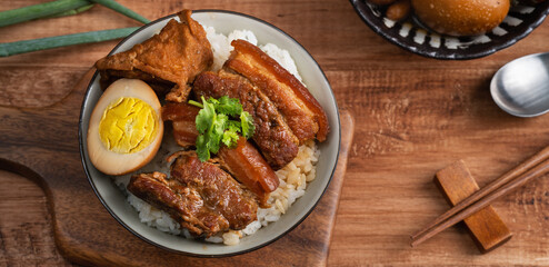 Braised pork belly over cooked rice, famous and delicious street food in Taiwan.