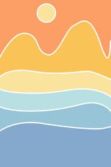 Abstract landscape. Nature, mountains, sea, moon. Fashionable trendy style, minimalism. Design for social networks, poster, banner, cover. Colored flat vector illustration.