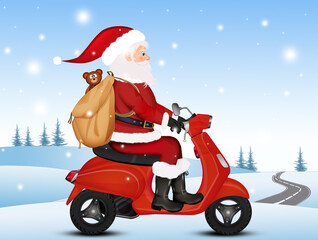 illustration of Santa Claus brings gifts on his scooter