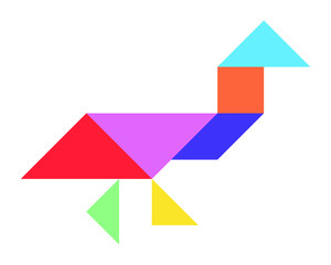 Color tangram puzzle in bird (duck, goose, swan) shape on white background