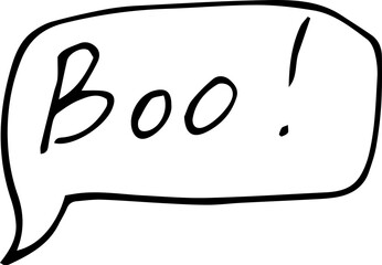 Vector image of the inscription for Halloween-Boo, in a conversational cloud. Black outline. Hand-drawn. Design of posters, postcards, invitations for holidays, decor.