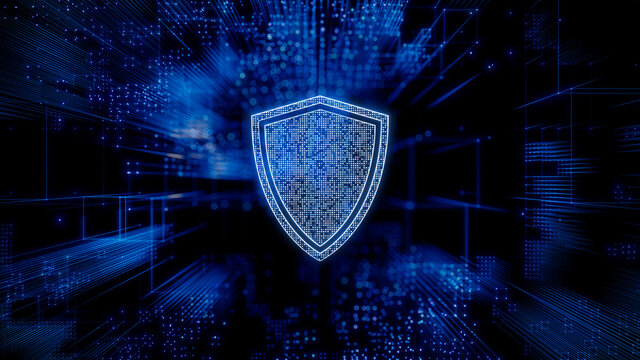 Security Technology Concept with shield symbol against a Futuristic, Blue Digital Grid background. Network Tech Wallpaper. 3D Render 