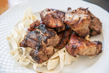 Pork kebab on a plate. Close view