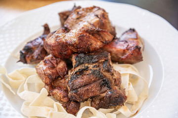 Pork kebab on a plate. Close view