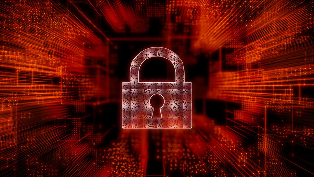 Security Technology Concept with lock symbol against a Futuristic, Orange Digital Grid background. Network Tech Wallpaper. 3D Render 