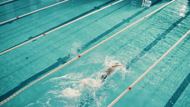 Male Swimmer Dive, Jump in Swimming Pool. Professional Athlete Performing at Championship, using Front Crawl, Freestyle Technique. Aerial Top Vew High Angle Cinematic Tracking Slow Motion