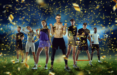 Sport collage. Tennis, fitness, soccer football players on stadium background with festive confetti...