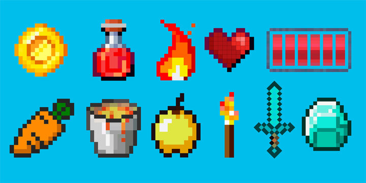 Set of vector pixel objects. Potion bottles, fire flame, sword, torch, emerald and heart. Objects for a pixel game. The concept of games background. Minecraft concept. Vector illustration