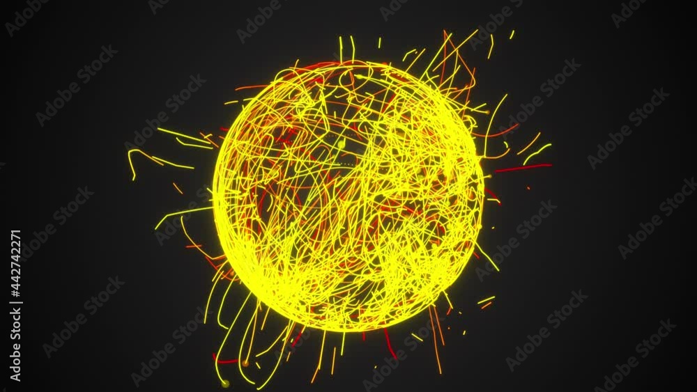 Poster 3d rendering, computer generated sphere or ball of numerous neon scribbles particles and lines on a 