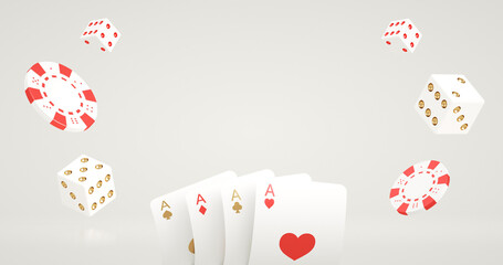 White Red And Golden Four Aces, Chips And Dices Isolated On The Black Background. Casino Modern Concept - 3D Illustration 