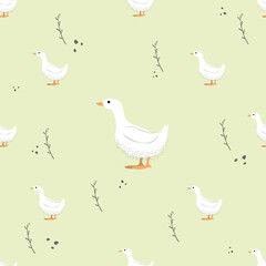 Seamless pattern in delicate pastel shades with the image of white ducks in a checkerboard pattern in a flat style with the addition of small decorative details. Suitable for printing on paper, textil