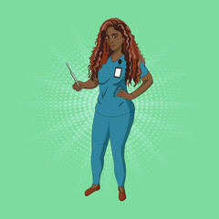 Doctor with a scalpel in pop art style. Background in comic style retro pop art. Illustration for print advertising and web.