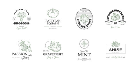 Healthy food logo template. Hand drawn illustrations for for restaurant, bar, vegan, healthy and organic food, market, farmers market, cooking school, food truck, delivery service.