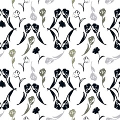 Vector delicate seamless floral pattern, black, pale green, gray tulips silhouettes on a white background