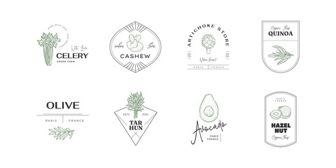 Healthy food logo template. Hand drawn illustrations for for restaurant, bar, vegan, healthy and organic food, market, farmers market, cooking school, food truck, delivery service.