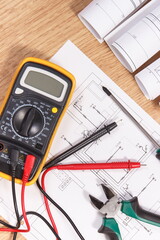 Electrical drawings, multimeter for measurement in electrical installation and accessories for use in engineer jobs
