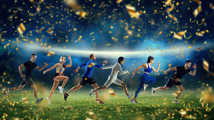 Sportsmen in action. Collage. Players running over stadium background with festive confetti fireworks.