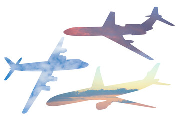 Aircraft silhouettes with sky sunset background. Clip art bundle on white 