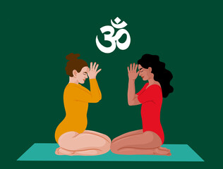 Women practicing yoga behind a green background. above them, the Om Sign in Sanscrit - obrazy, fototapety, plakaty