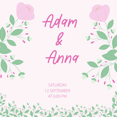  Wedding invitation with flowers and leaves. Design template